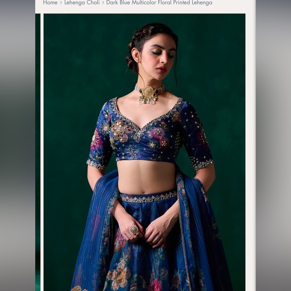 New Dark Blue Multicolor Floral Printed Lehenga set - Picture 3 of 6